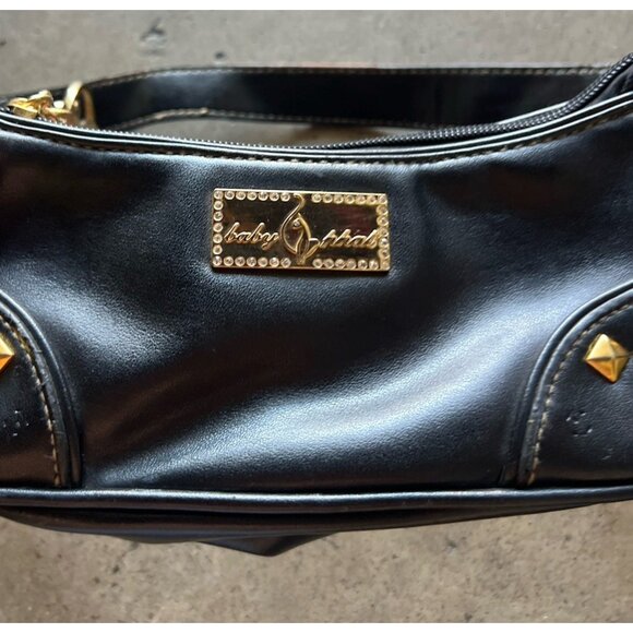 Vintage Baby Phat Mini Shoulder Handbag Black Leather Stone Logo Gold Charm RARE - Picture 13 of 16